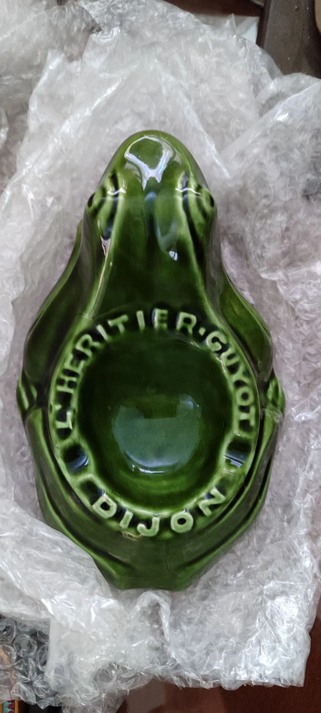Ancien cendrier / vide-poche vintage en céramique verte - L'Héritier-Guyot Dijon (Forme grenouille/grenouille)